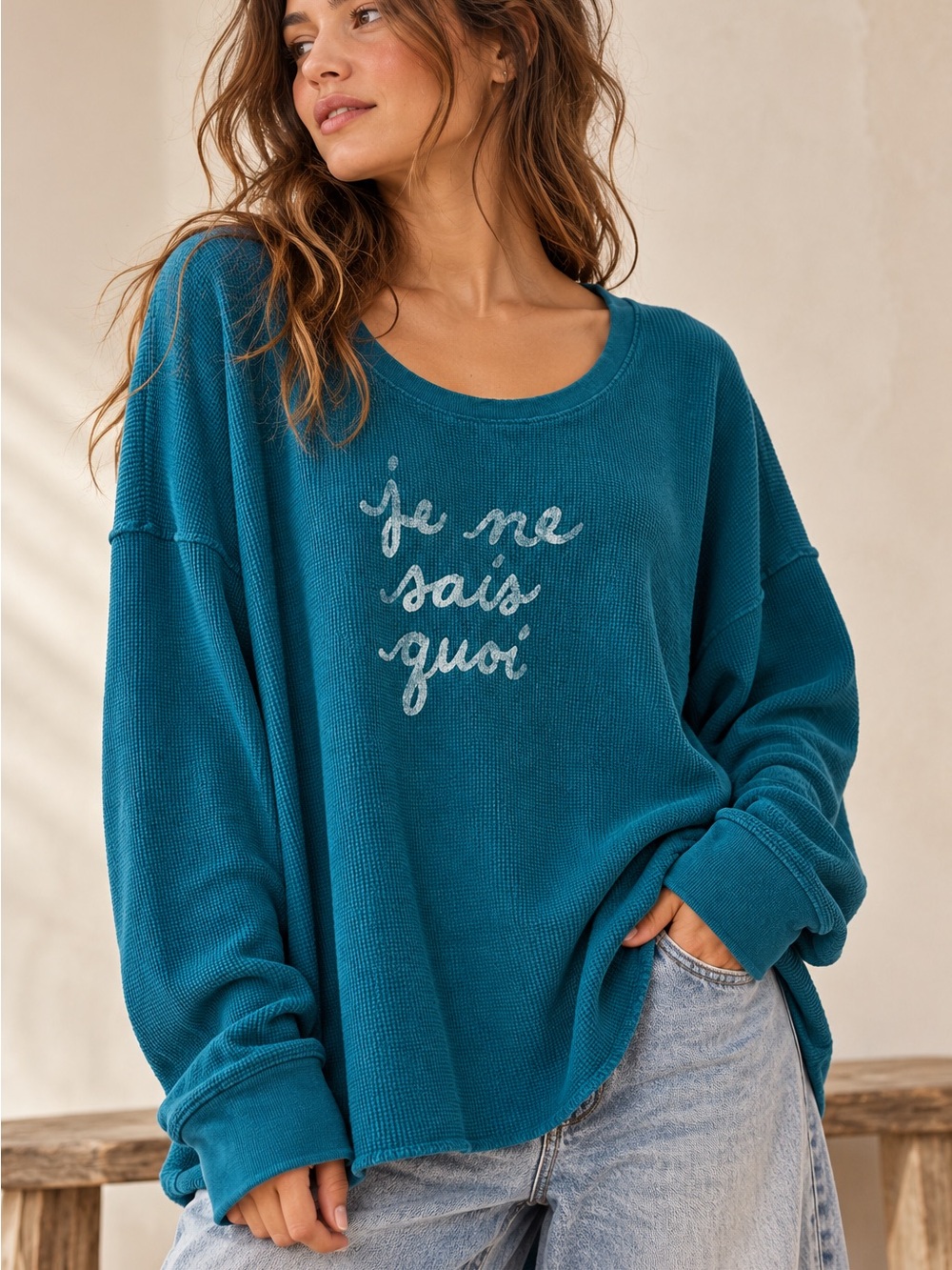 Anthropologie Je Ne Sais Quoi Teal Blue Waffle Knit Oversized Top XL